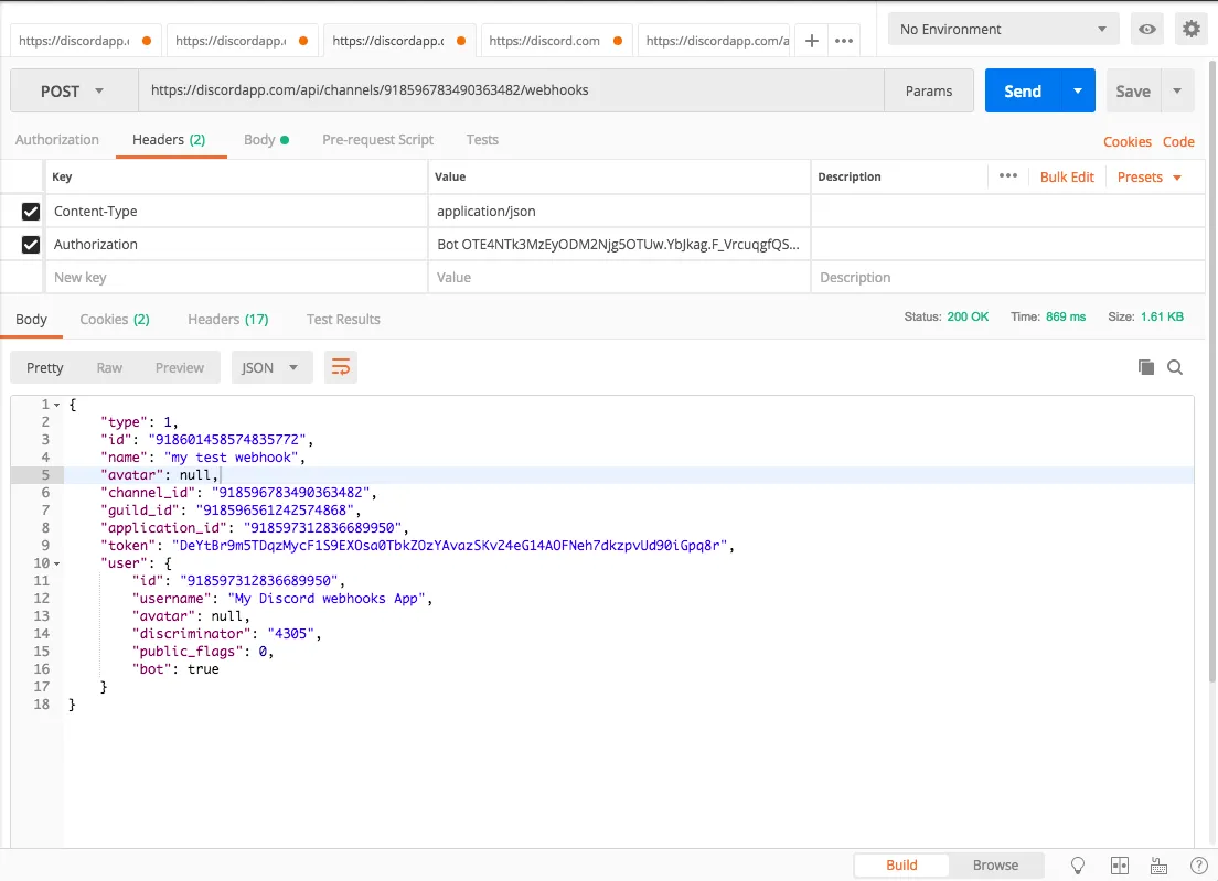 Create discord webhook by sending api request using postman