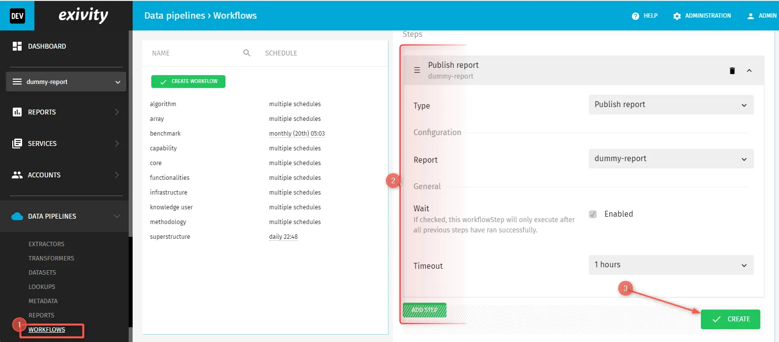 Exivity Dashboard Create Workflow screenshot